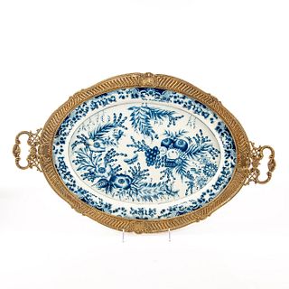 Large Decorative Blue And White Copper Platter