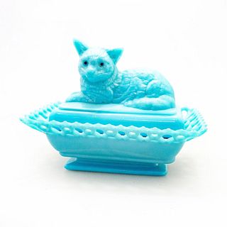 Westmoreland Blue Milk Glass Covered Dish, Cat Reclining