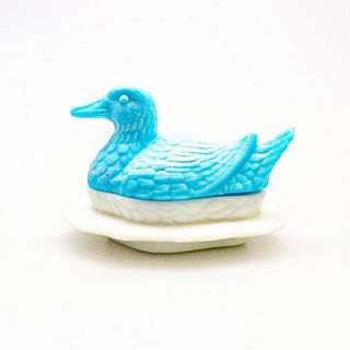 Vintage Blue And White Milk Glass Covered Dish, Duck