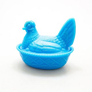 Vintage Blue Milk Glass Hen On Nest, Covered Dish