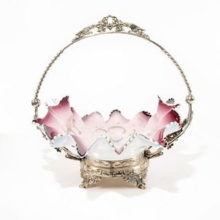 Victorian Glass Brides Basket In Silver Plated Stand