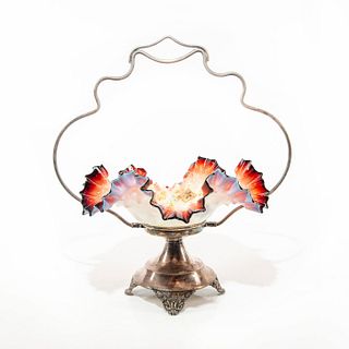 Victorian Art Glass Brides Basket On Silver Plated Stand