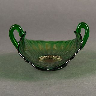 Fenton Glass Green Carnival Glass Handled Bowl