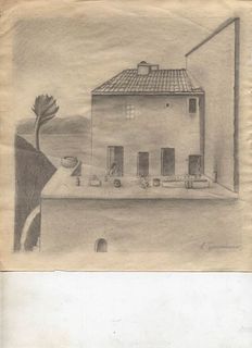 RICCARDO FRANCALANCIA<br>Assisi, 1886 - Rome, 1965<br><br>Balcony<br>Pencil drawing on light brown paper, 23,5 x 21,5 cm<br>Signed lower right: R. Fra