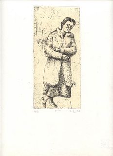 ALBERTO ZIVERI<br>Rome, 1908 - 1990<br><br>Standing Katy, 1937<br>Dry-point engraving,  19,5 x 9 cm engraving (36 x 25,5 cm sheet)<br>Signed lower rig