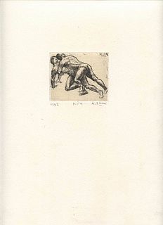 ALBERTO ZIVERI<br>Rome, 1908 - 1990<br><br>Wrestlers, 1942<br>Etching,  6,5 x 7,5 cm etching (35 x 24,5 cm sheet)<br>Signed and dated upper right on t