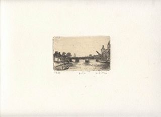 ALBERTO ZIVERI<br>Rome, 1908 - 1990<br><br>Bridge at Corbeil, 1953<br>Etching, 6,3 x 10,5cm etching (35 x 24,5 cm sheet)<br>Signed upper left on the e