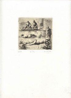 ALBERTO ZIVERI<br>Rome, 1908 - 1990<br><br>Fishermen on the Seine, 1937<br>Dry-point engraving,   9,5 x 10 cm engraving (35,5 x 25  cm sheet)<br>Signe