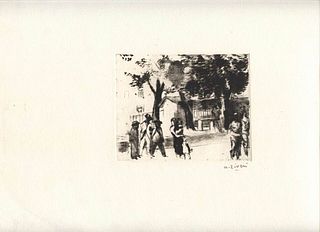 ALBERTO ZIVERI<br>Rome, 1908 - 1990<br><br>Public garden, 1938<br>Dry-point engraving,  9 x 18,5 cm engraving (35,5 x 25  cm sheet)<br>Signed and date