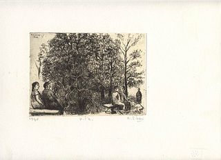 ALBERTO ZIVERI<br>Rome, 1908 - 1990<br><br>Public garden, 19340<br>Etching, 11,5 x 16 cm<br>Signed and example lower on the sheet: A. Ziveri, 1940, pr