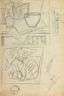ATANASIO SOLDATI<br>Parma, 1896 - 1953<br><br>Still life<br>Pencil on paper, 32 x 21,5 cm<br>Stamp and archive no lower left: Opere inventario Atanasi