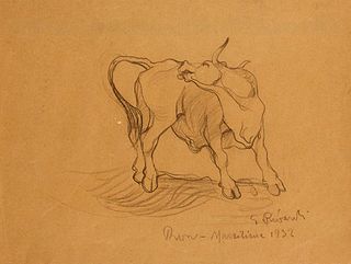 GIUSEPPE RIVAROLI<br>Cremona, 1885 - Rome, 1943<br><br>Bull, 1932<br>Pencil on paper, 5 x 33 cm<br>Signed and dated lower right<br>Good conditions. Wi