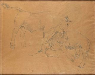 GIUSEPPE RIVAROLI<br>Cremona, 1885 - Rome, 1943<br><br>Buffalo<br>Pencil on paper, 60 x 70 cm<br>Signed lower: G. Rivaroli<br>Good conditions. With fr