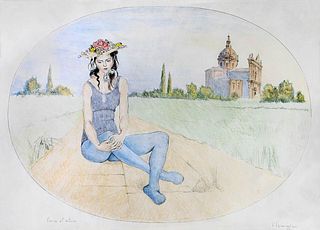 ROMANO PARMEGGIANI<br>Venice, 1930 - Santoro (VI), 2002<br><br>Sitting girl<br>Litography, ex. P.d.A., 50 x 70 cm<br>Signed lower right: R. Parmeggian