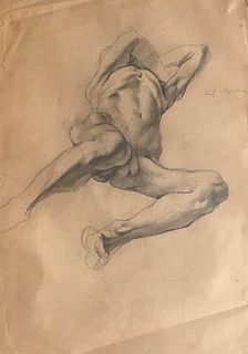 LUIGI MONTANARINI Florence, 1906 - Rome, 1998<br><br>Male Nude Lying<br>Pencil Drawing on paper. 59,4 x 42 cm<br>signature on the right side: Luigi Mo