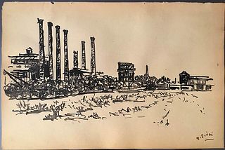 ALBERTO ZIVERI<br>Rome, 1908 - 1990<br><br>Suburb. Paris, 1948<br>China ink paper, 15,5 x 23,5 cm<br>Signed lower right: A. Ziveri; Signed, titled and