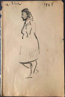 ALBERTO ZIVERI<br>Rome, 1908 - 1990<br><br>Standing woman, 1948<br>Charcoal on paper, 23,5 x 16 cm<br>Signed and dated upper: A. Ziveri, 1948<br>Good 