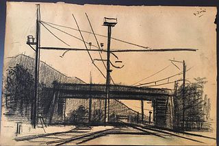 ALBERTO ZIVERI<br>Rome, 1908 - 1990<br><br>Train Station in Latina, 1948<br>Charcoal on paper, 16 x 24 cm<br>Signed lower right: A. Ziveri; Signed, ti