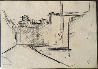 ALBERTO ZIVERI<br>Rome, 1908 - 1990<br><br>Street<br>Charcoal on paper, 18 x 25 cm<br>Signed lower right: A. Ziveri<br>Good conditions. Without frame.