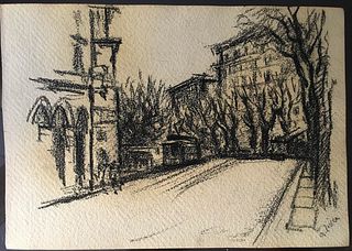 ALBERTO ZIVERI<br>Rome, 1908 - 1990<br><br>Avenue with palace<br>Charcoal on paper, 18 x 25 cm<br>Signed lower right: A. Ziveri<br>Good conditions. Wi