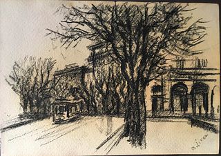 ALBERTO ZIVERI<br>Rome, 1908 - 1990<br><br>Tram<br>Charcoal on paper, 18 x 25 cm<br>Signed lower right: A. Ziveri<br>Good conditions. Without frame.