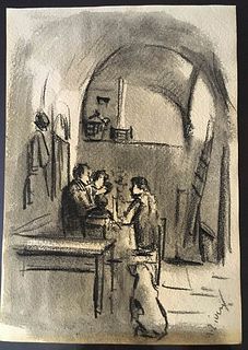 ALBERTO ZIVERI<br>Rome, 1908 - 1990<br><br>Dinner<br>Charcoal on paper, 18 x 25 cm<br>Signed lower right: A. Ziveri<br>Good conditions. Without frame.