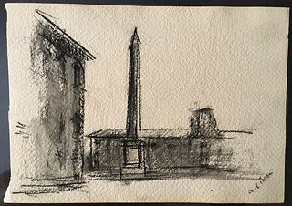 ALBERTO ZIVERI<br>Rome, 1908 - 1990<br><br>Obelisk<br>Charcoal on paper, 18 x 25 cm<br>Signed lower right: A. Ziveri<br>Good conditions. Without frame