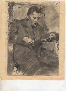 ANONYMOUS<br><br>Reading man, 50's<br>Charcoal on paper, 24 x 17,5 cm<br><br>Good conditions. Without frame.