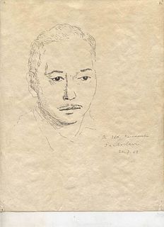 CARLO LEVI<br>Turin, 1902 - Rome, 1975<br><br>Portrait of Aldo Marcovecchio, 1963<br>China ink on paper,  28 x 21,5 cm<br>Signed, dated and dedicated 