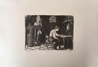 ALBERTO ZIVERI<br>Rome, 1908 - 1990<br><br>Woman at the table, 1952<br>Etching + aquatint, 17 x 24 cm<br>Signed, dated and example lower: A. Ziveri, 1