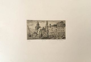 ALBERTO ZIVERI<br>Rome, 1908 - 1990<br><br>Bruxelles, 1937<br>Dry-point etching, 7 x 14,5 cm<br>Signed, dated and example lower: A. Ziveri, 1937, p. d