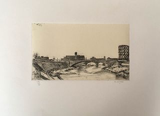 ALBERTO ZIVERI<br>Rome, 1908 - 1990<br><br>River with bridge and gasometer, 1947<br>Etching, 15 x 25 cm<br>Signed lower: A. Ziveri, 1947; "Ziveri. Le 