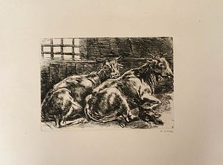 ALBERTO ZIVERI<br>Rome, 1908 - 1990<br><br>Cows in the stable, 1939<br>Etching, 17,5 x 25 cm<br>Signed lower: A. Ziveri, 1939; "Ziveri. Le incisioni. 