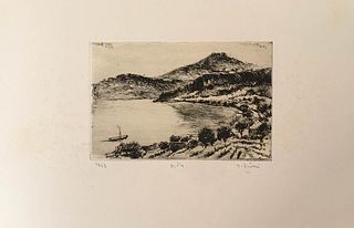 ALBERTO ZIVERI<br>Rome, 1908 - 1990<br><br>Lago di Albano, 1943<br>Etching, 11 x 16,5 cm<br>Signed, dated and example lower: A. Ziveri, 1943, p. d'a; 