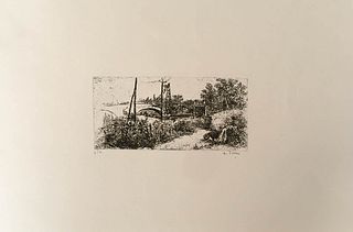 ALBERTO ZIVERI<br>Rome, 1908 - 1990<br><br>Ponte Flaminio, 1944<br>Etching, 9 x 19,5 cm<br>Signed, dated and example lower: A. Ziveri, 1944, p. d'a; "