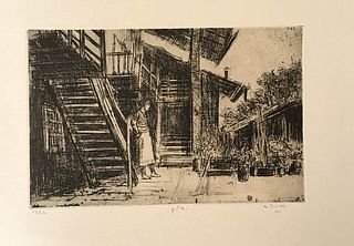 ALBERTO ZIVERI<br>Rome, 1908 - 1990<br><br>Friulian house, 1952<br>Etching, 16 x 25 cm<br>Signed, dated and example lower: A. Ziveri, 1952, p. d'a; "Z