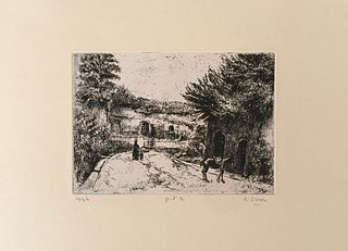 ALBERTO ZIVERI<br>Rome, 1908 - 1990<br><br>Vallerano, 1944<br>Etching, 12 x 16 cm<br>Signed, dated and example lower: A. Ziveri, 1944, p. d'a; "Ziveri