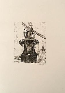 ALBERTO ZIVERI<br>Rome, 1908 - 1990<br><br>The great mill of Amsterdam, 1937<br>Etching, 16 x 12 cm<br>Signed, dated and example lower: A. Ziveri, 193
