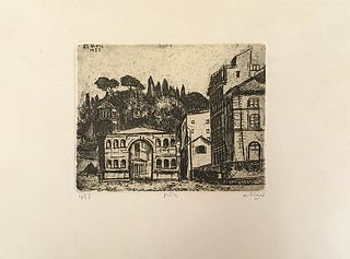ALBERTO ZIVERI<br>Rome, 1908 - 1990<br><br>Arch of Janus, 1957<br>Etching, 14 x 17,5 cm<br>Signed, dated and example lower: A. Ziveri, 1957, p. d'a; "