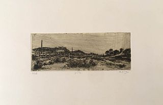 ALBERTO ZIVERI<br>Rome, 1908 - 1990<br><br>Acquacetosa, 1945<br>Etching, 8 x 20 cm<br>Signed, dated and example lower: A. Ziveri, 1945, p. d'a; "Ziver