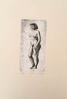 ALBERTO ZIVERI<br>Rome, 1908 - 1990<br><br>Nude of a girl, 1956<br>Etching, 17 x 8 cm<br>Signed, dated and example lower: A. Ziveri, 1956, p. d'a; "Zi