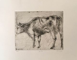 ALBERTO ZIVERI<br>Rome, 1908 - 1990<br><br>Cow, 1937<br>Dry-point engraving, 15 x 18 cm<br>Signed, dated and example lower: A. Ziveri, 1937, p. d'a; "