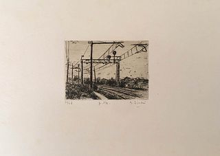 ALBERTO ZIVERI<br>Rome, 1908 - 1990<br><br>Railway, 1946<br>Etching, 8,5 x 11,5 cm<br>Signed, dated and example lower: A. Ziveri, 1946, p. d'a; "Ziver