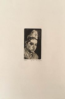 ALBERTO ZIVERI<br>Rome, 1908 - 1990<br><br>Bricklayer, 1952<br>Etching / aquatint, 11 x 6 cm<br>Signed, dated and example lower: A. Ziveri, 1952, p. d