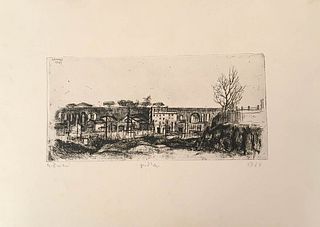 ALBERTO ZIVERI<br>Rome, 1908 - 1990<br><br>Tuscolana Train Station, 1947<br>Etching,  10 x 23 cm (25 x 35 cm sheet) <br>Signed and dated upper left on