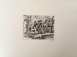 ALBERTO ZIVERI<br>Rome, 1908 - 1990<br><br>Pensioners in Piazza Vittorio, 1937<br>>Etching, 10 x 12,5 cm (24 x 35 cm sheet)<br>Signed lower: A. Ziveri