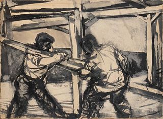 MARCELLO MUCCINI<br>Rome, 1926 - 1978<br><br>Workers, 1950<br>Mixed media on brown paper, 36 x 50 cm<br>Signed and dated on the center: Muccini 50<br>