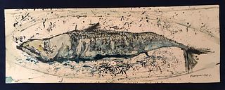 RENZO VESPIGNANI <br>Rome, 1924 -2001<br><br>Fish, 1947<br>Mixed media on paper, 15 x 43 cm<br>Signed and dated lower right: Vespignani 1947<br>Good c