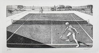 SERGIO CECCOTTI<br>Rome, 1935<br><br>Tennis match<br>Lithography, 25 x 45 cm; example P.A.<br>Signed lower right: S. Ceccotti<br>Good conditions. Fram
