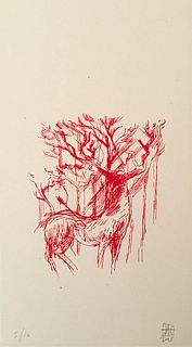 DANIELE CATALLI Rome, 1979<br><br>Wounded deer, 22015<br>Litography on paper, 25 x 14 cm<br>Signed, dated and example: DAC 2015, 5/16. Dreams from the